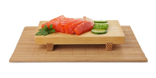 Delicious sashimi set of salmon and shrimps served with cucumbers and parsley isolated on white