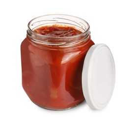 Photo of Glass jar of delicious canned lecho and lid on white background