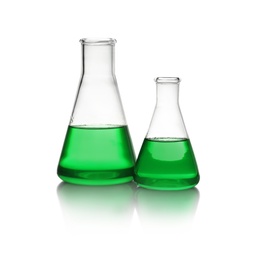 Photo of Conical flasks with green liquid on white background