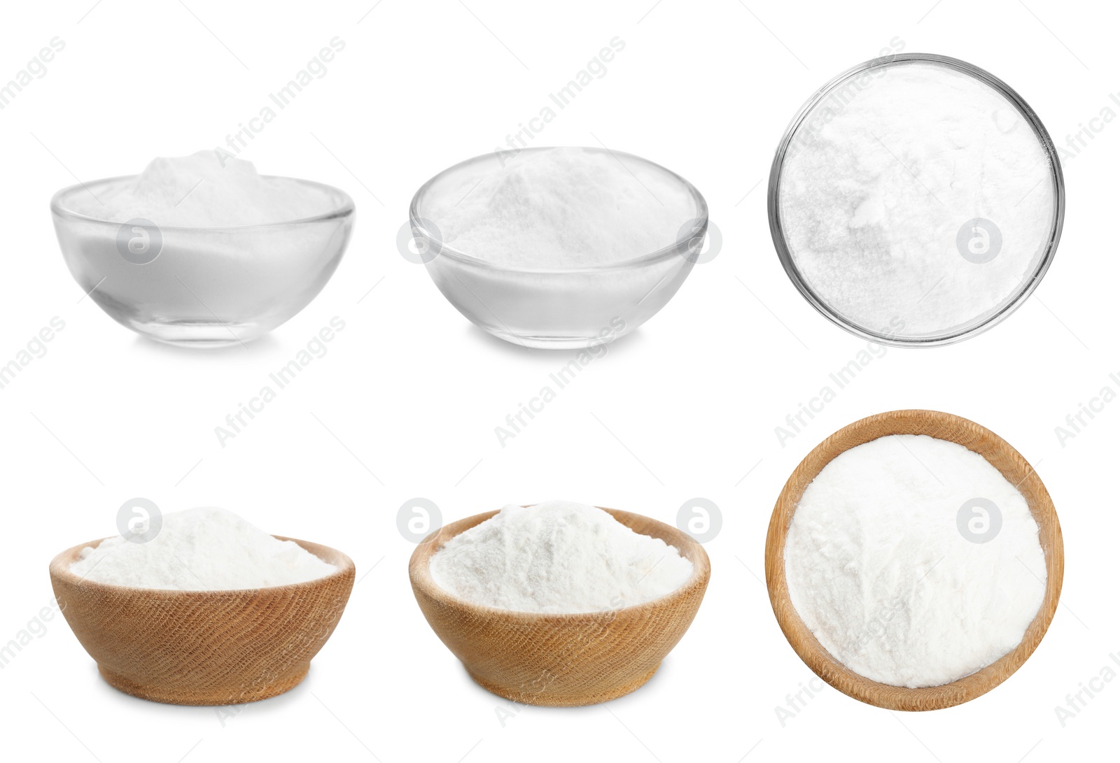 Image of Set with bowls of baking soda on white background