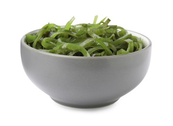 Photo of Tasty seaweed salad in bowl isolated on white