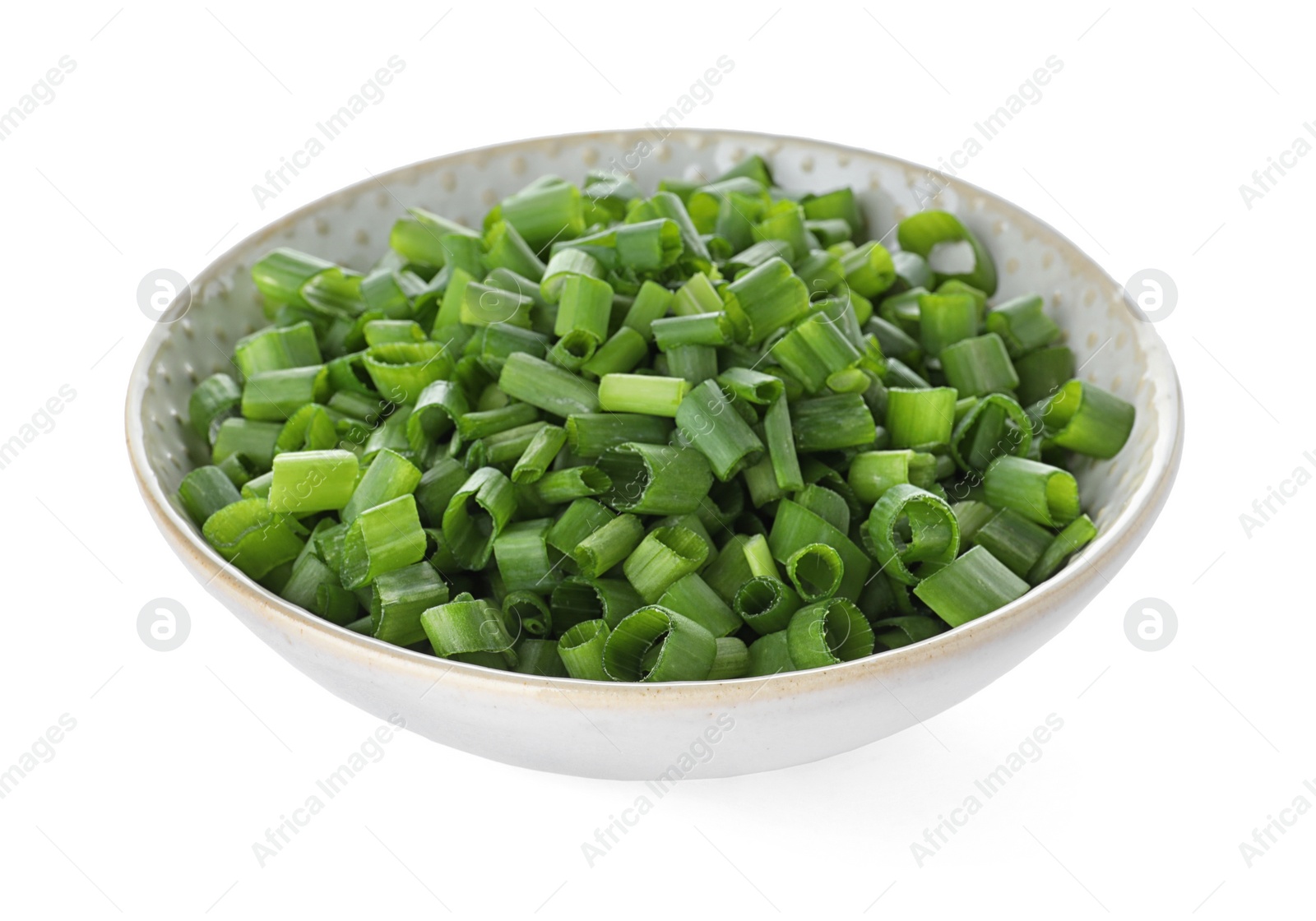 Photo of Bowl of cut green onion on white background