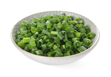 Photo of Bowl of cut green onion on white background