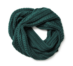 Photo of Dark green knitted scarf isolated white, top view