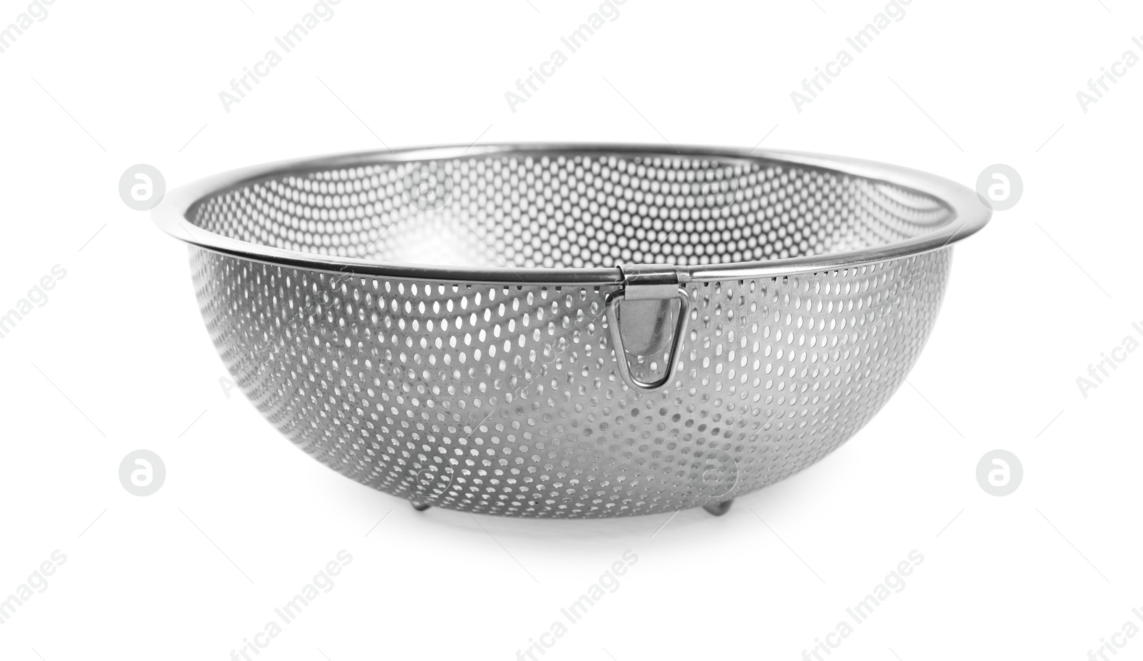 Photo of One metal sieve isolated on white. Kitchen utensil