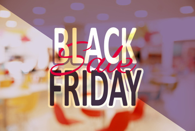 Blurred view of modern shopping mall interior. Black Friday Sale