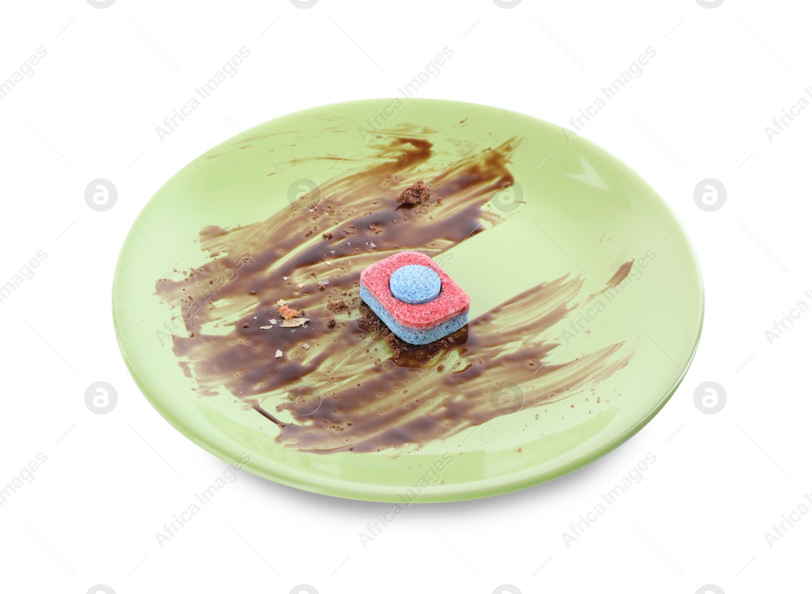 Photo of Dirty plate with dishwasher detergent tablet isolated on white