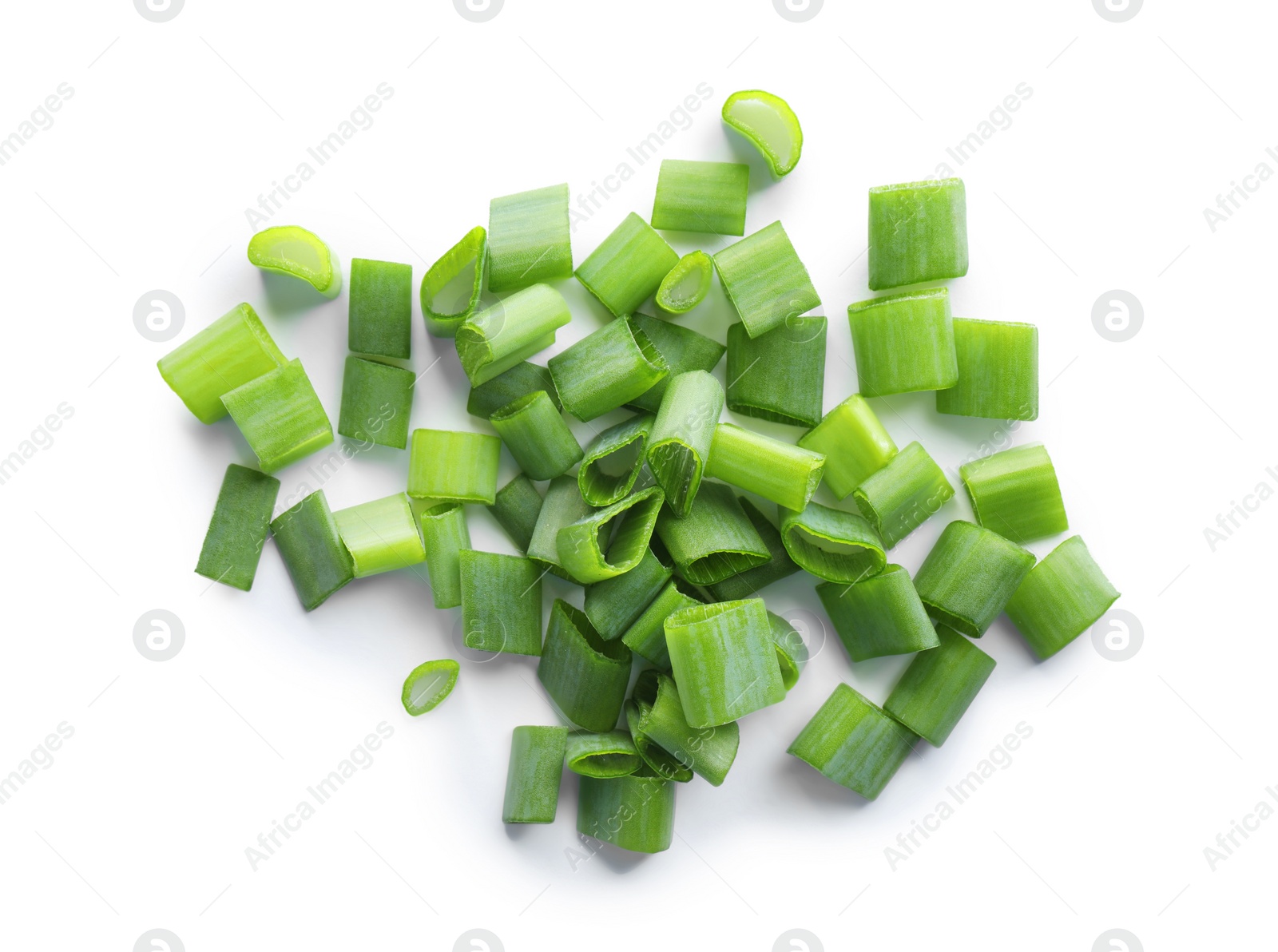 Photo of Pile of fresh green onion isolated on white, top view