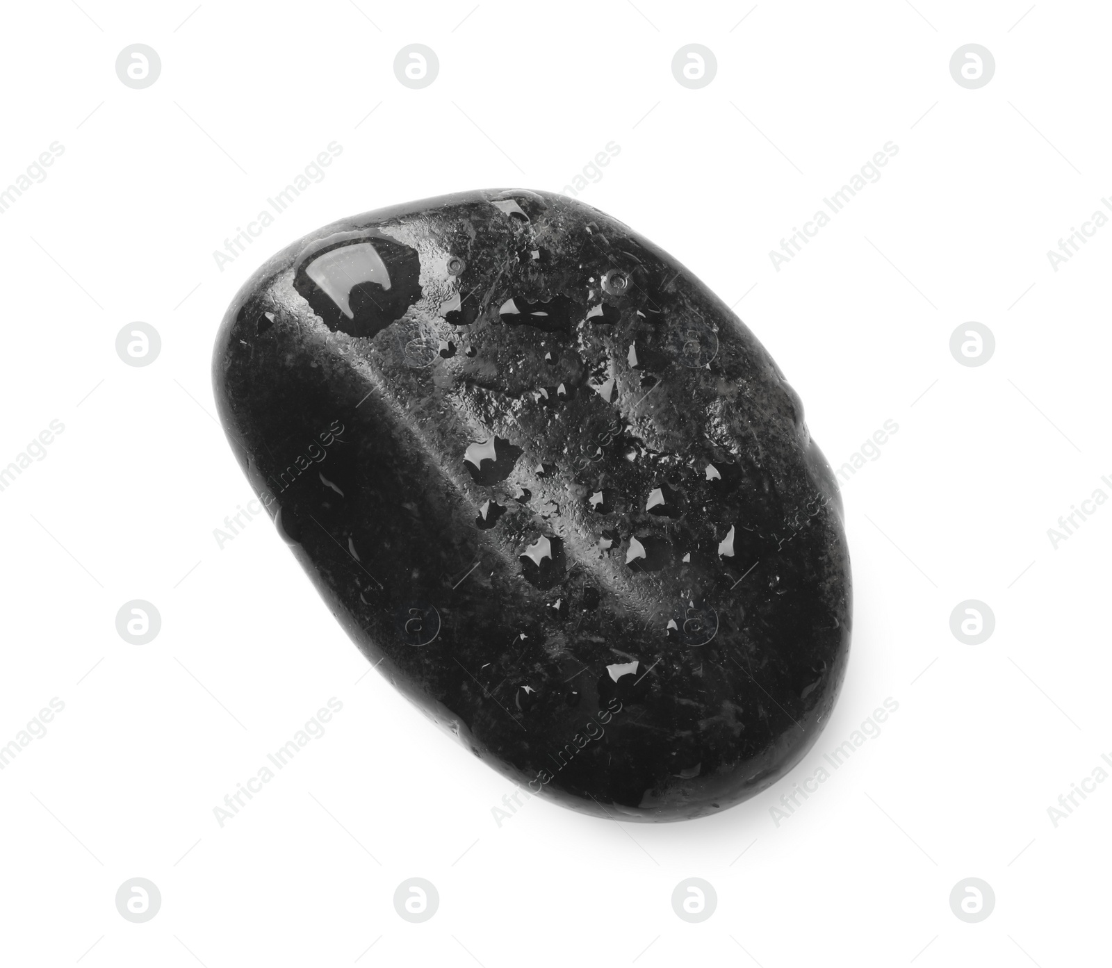 Photo of Wet stone with water drops isolated on white, top view