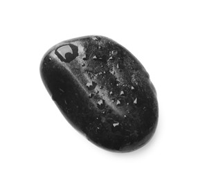 Photo of Wet stone with water drops isolated on white, top view