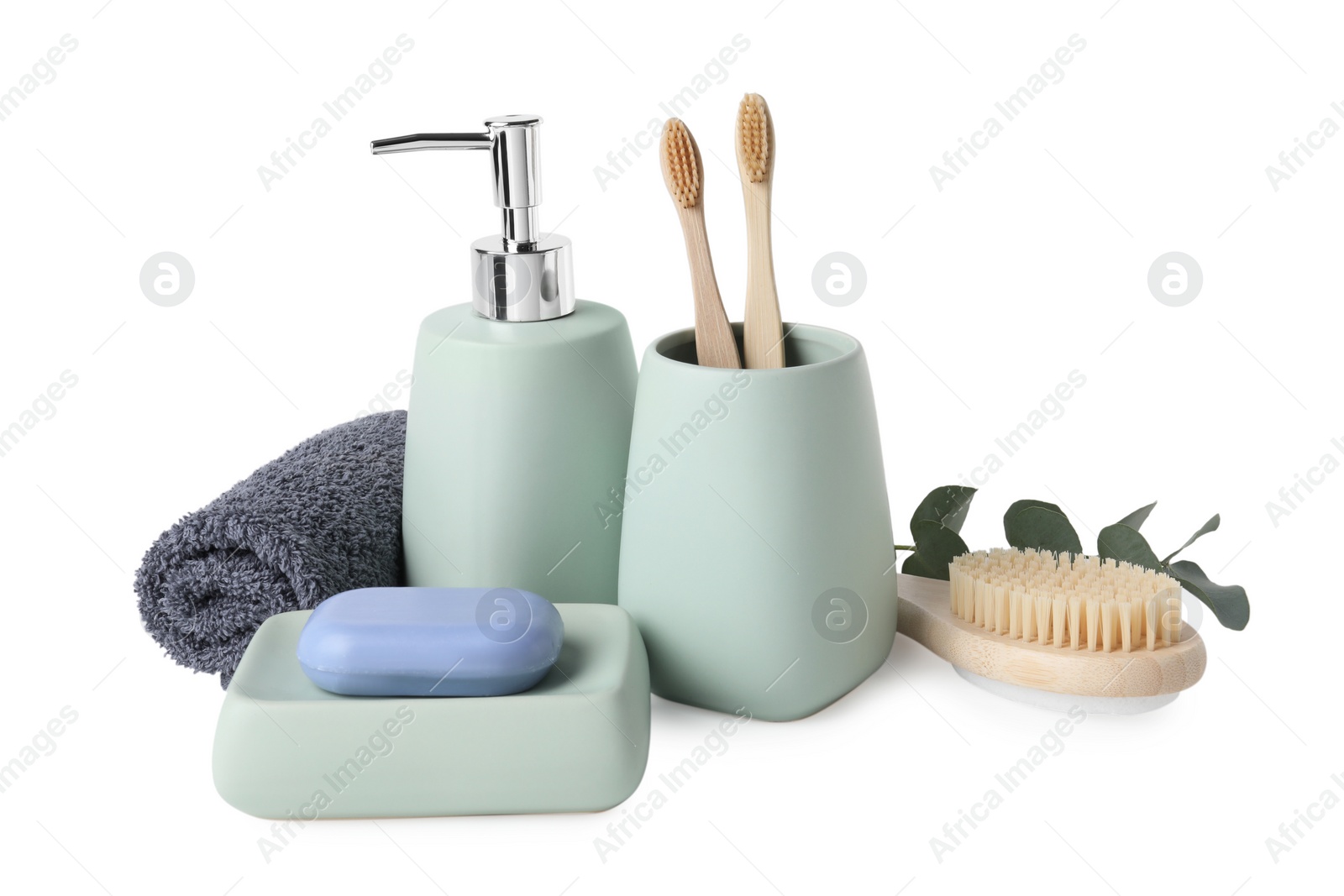 Photo of Bath accessories. Set of different personal care products and eucalyptus leaves isolated on white