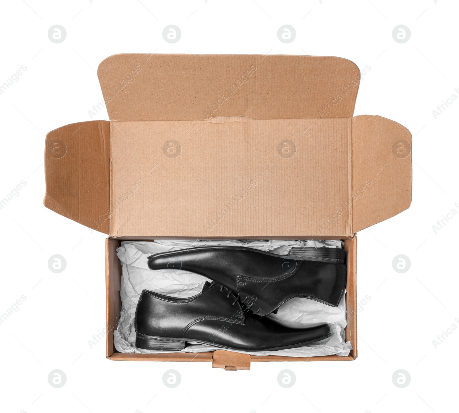 Photo of Box with elegant male shoes on white background