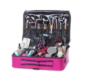Stylish case with makeup products and beauty accessories on white background