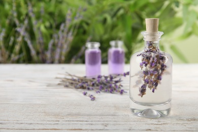 Photo of Bottle with natural herbal oil and lavender flowers on table against blurred background. Space for text