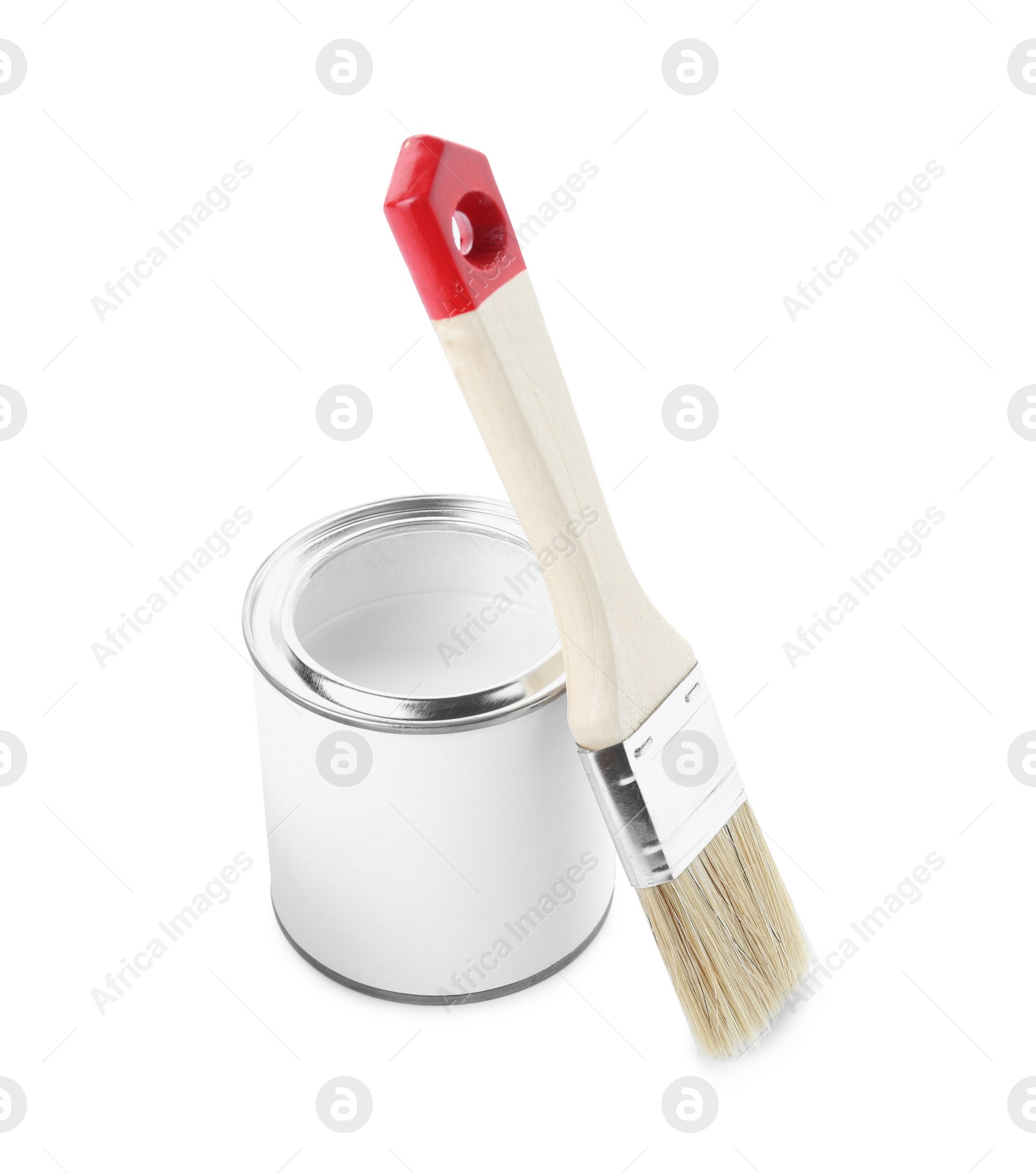 Photo of Can of paint with brush isolated on white