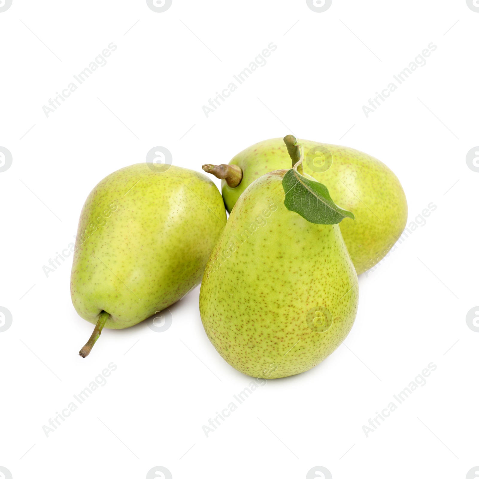 Photo of Tasty ripe pears with leaf on white background