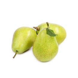 Photo of Tasty ripe pears with leaf on white background