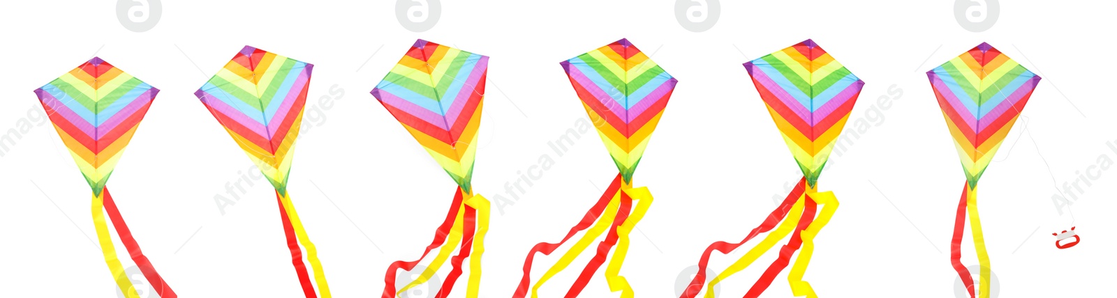 Image of Set with beautiful bright kites on white background. Banner design