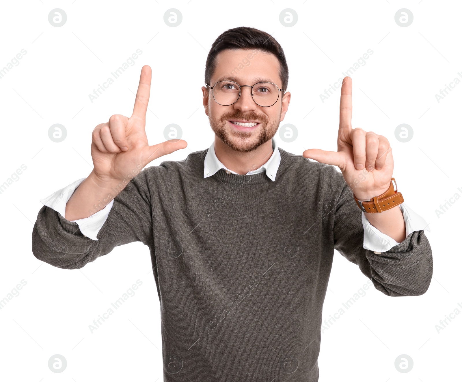 Photo of Handsome bearded businessman in eyeglasses on white background