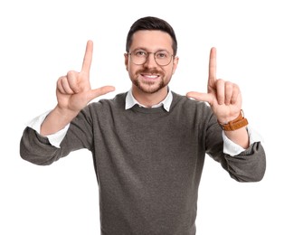 Photo of Handsome bearded businessman in eyeglasses on white background