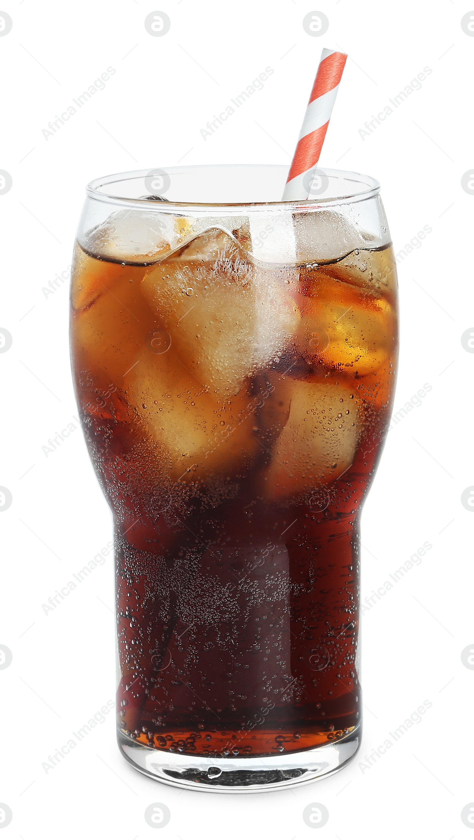 Photo of Glass of refreshing soda drink with ice cubes isolated on white