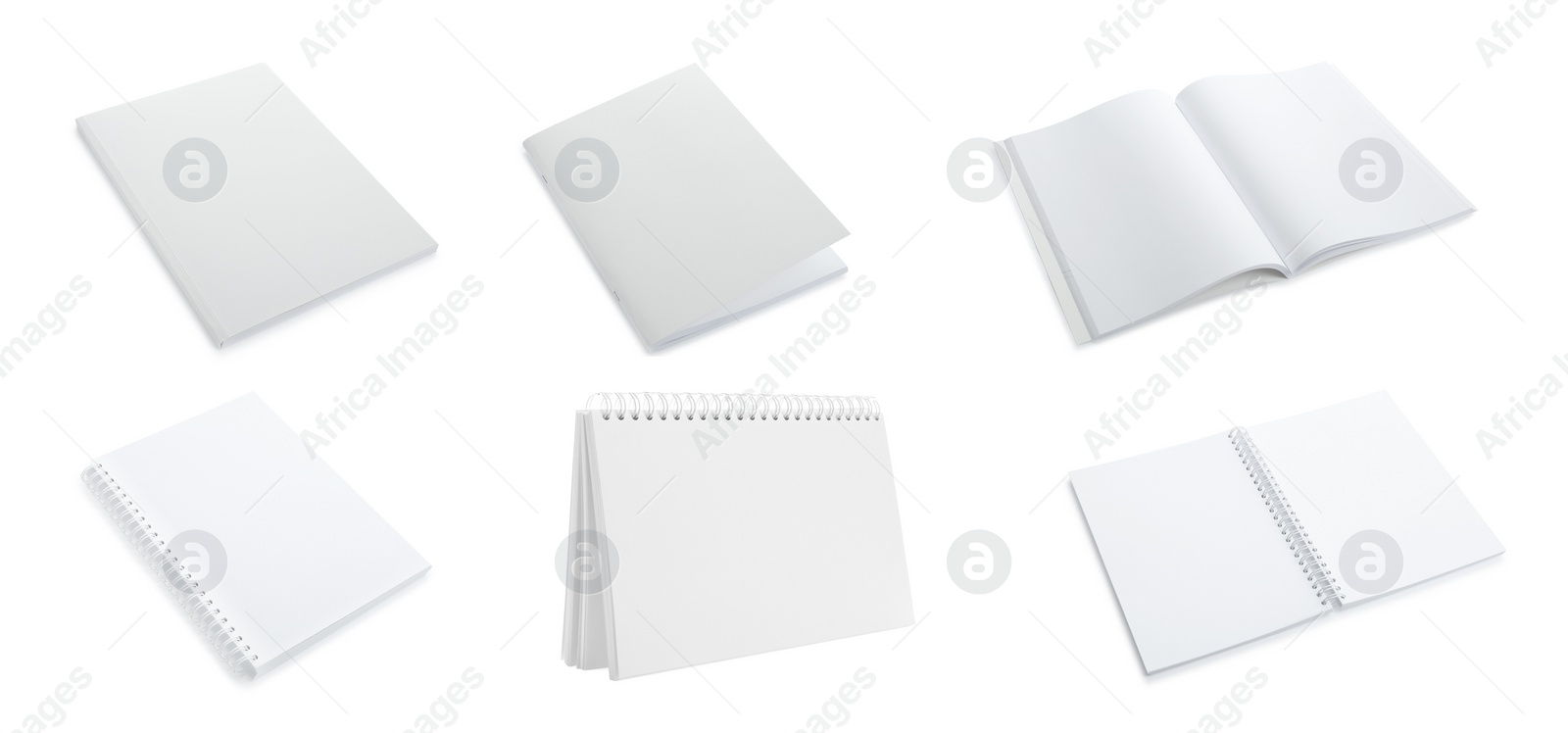 Image of Set with blank paper brochures on white background. Mockup for design