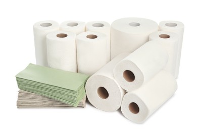 Photo of Paper towels and napkins on white background
