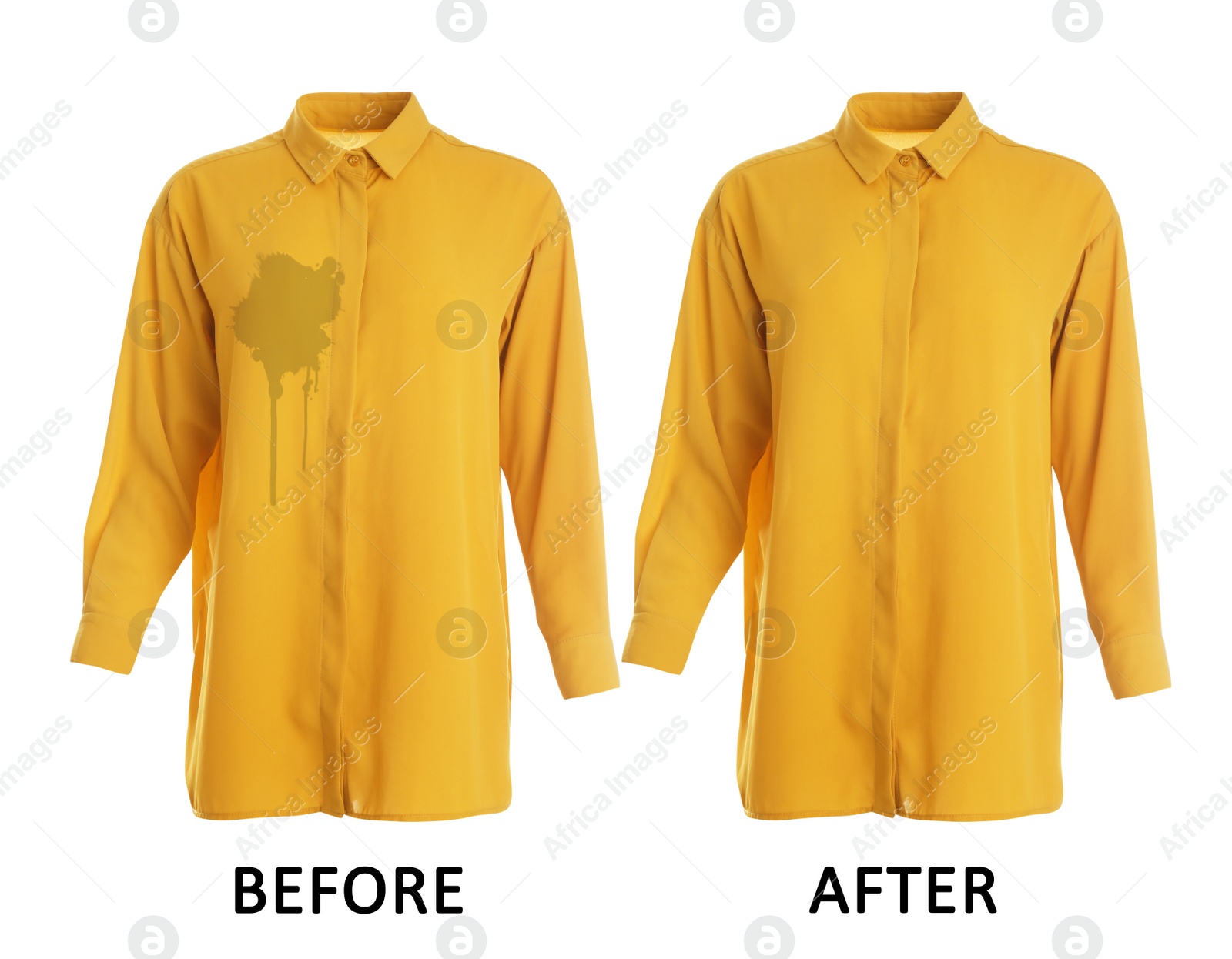 Image of Stylish shirt before and after dry-cleaning on white background