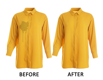 Image of Stylish shirt before and after dry-cleaning on white background