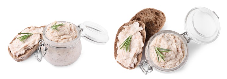 Image of Delicious lard spread and sandwich on white background. Banner design