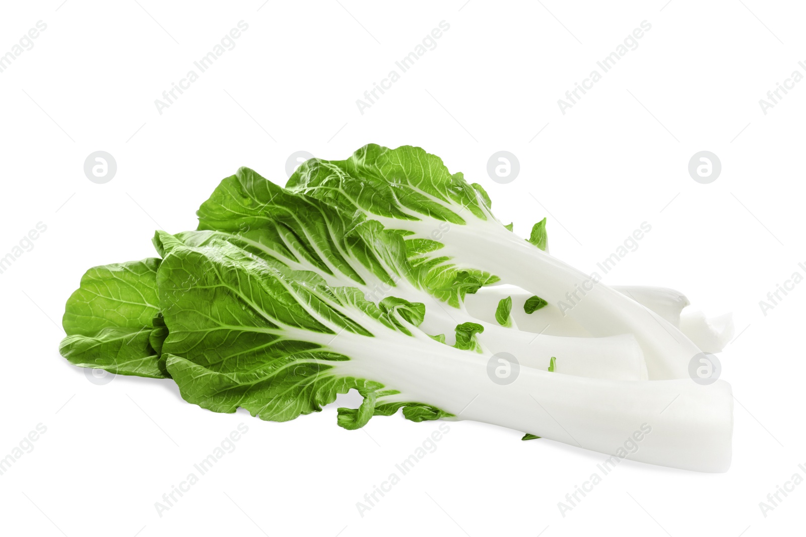 Photo of Fresh leaves of green pak choy cabbage on white background