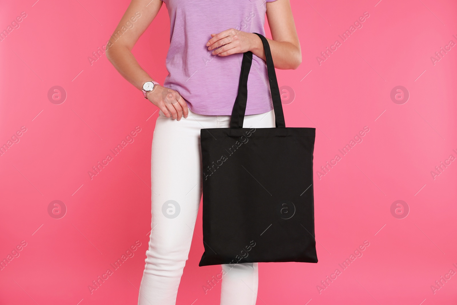 Photo of Woman with eco bag on color background. Mock up for design