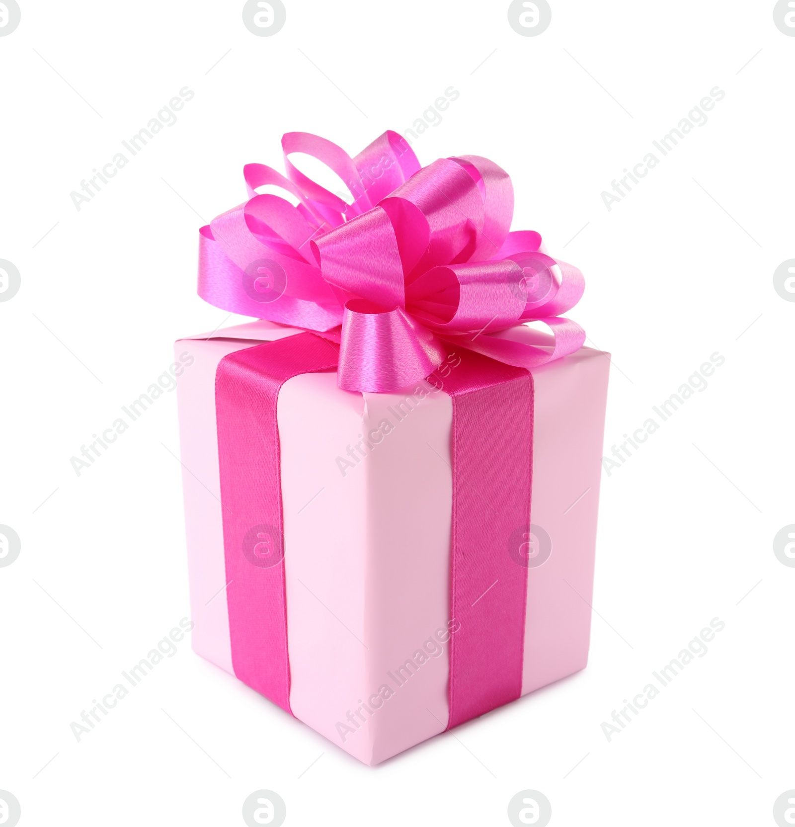 Photo of Beautifully wrapped gift box with pink bow isolated on white