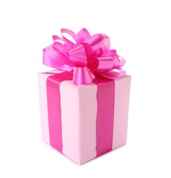 Beautifully wrapped gift box with pink bow isolated on white