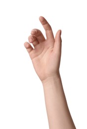 Photo of Woman holding something against white background, closeup