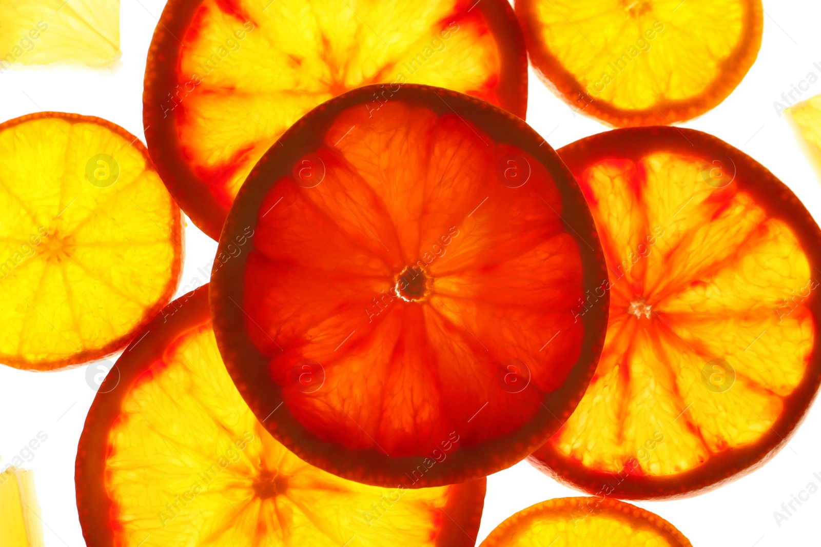 Photo of Illuminated slices of citrus fruits on white background, top view