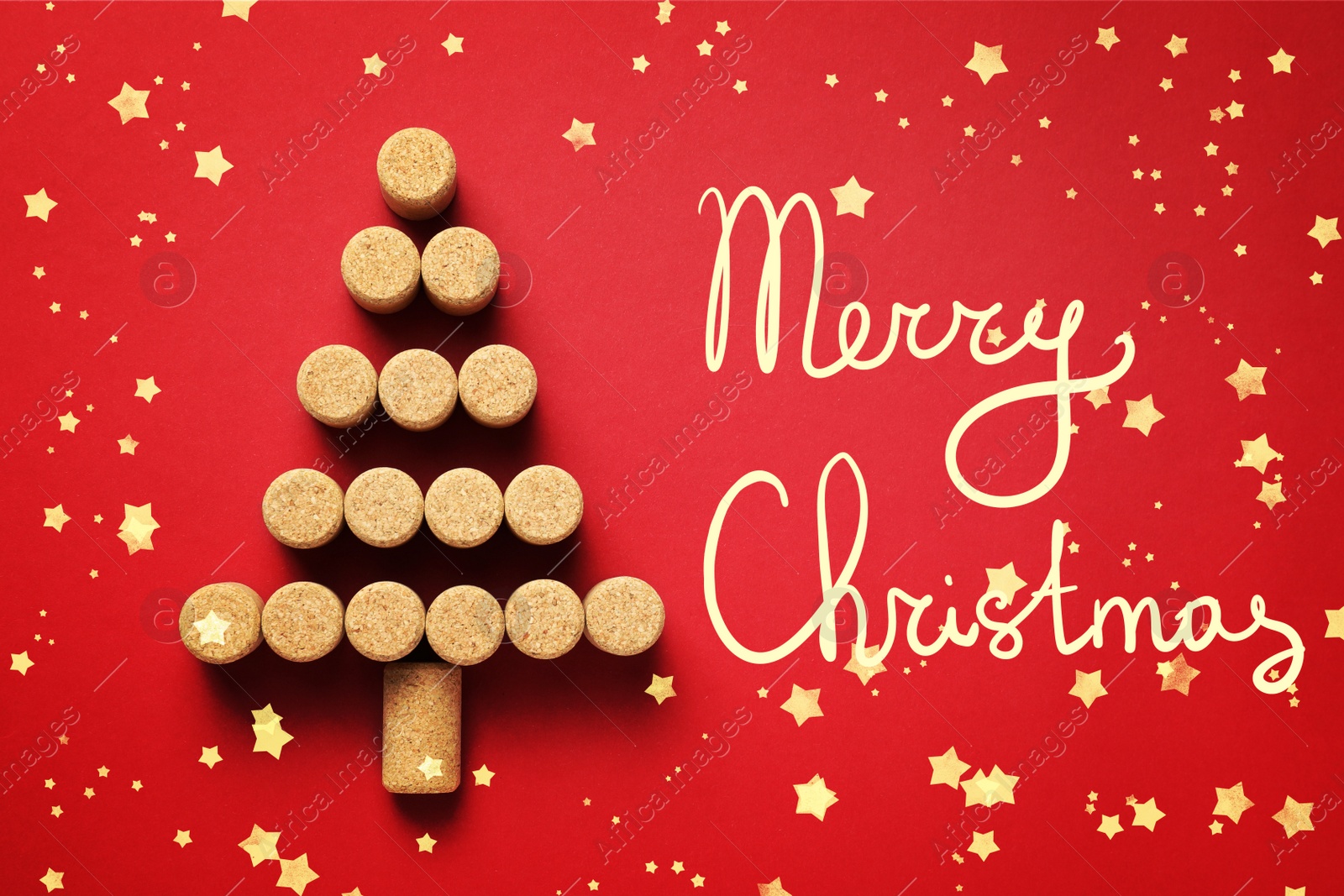 Image of Christmas tree made of wine corks on red background, top view
