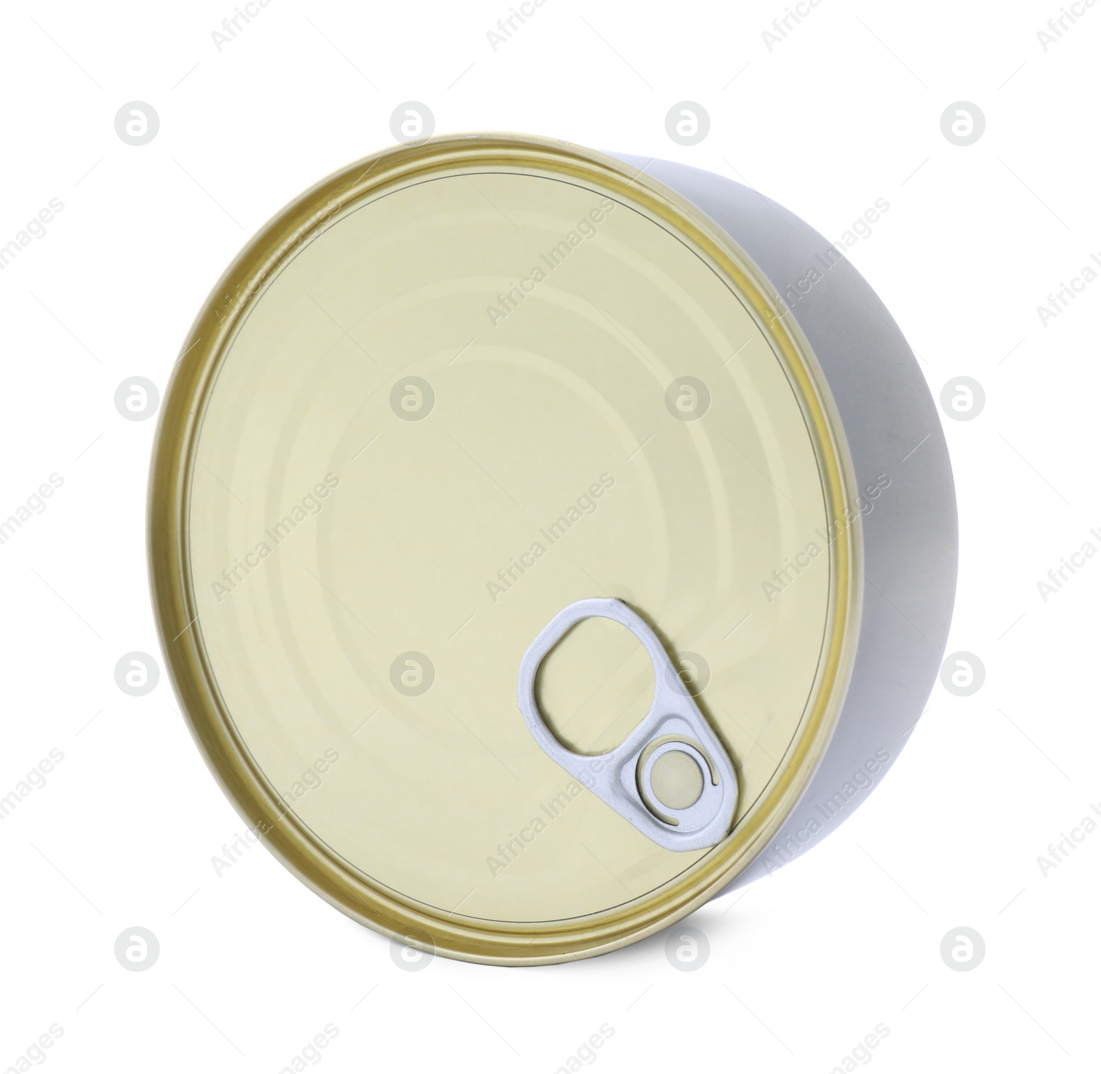 Photo of Closed tin can of food isolated on white