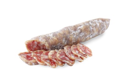 Photo of Delicious cut fuet sausage isolated on white