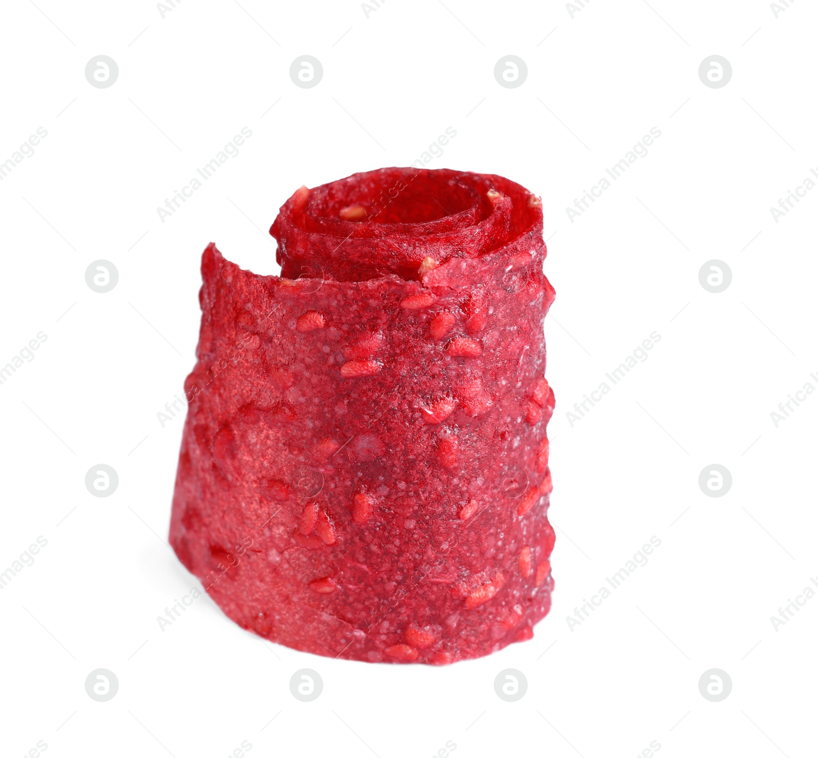 Photo of Delicious fruit leather roll isolated on white