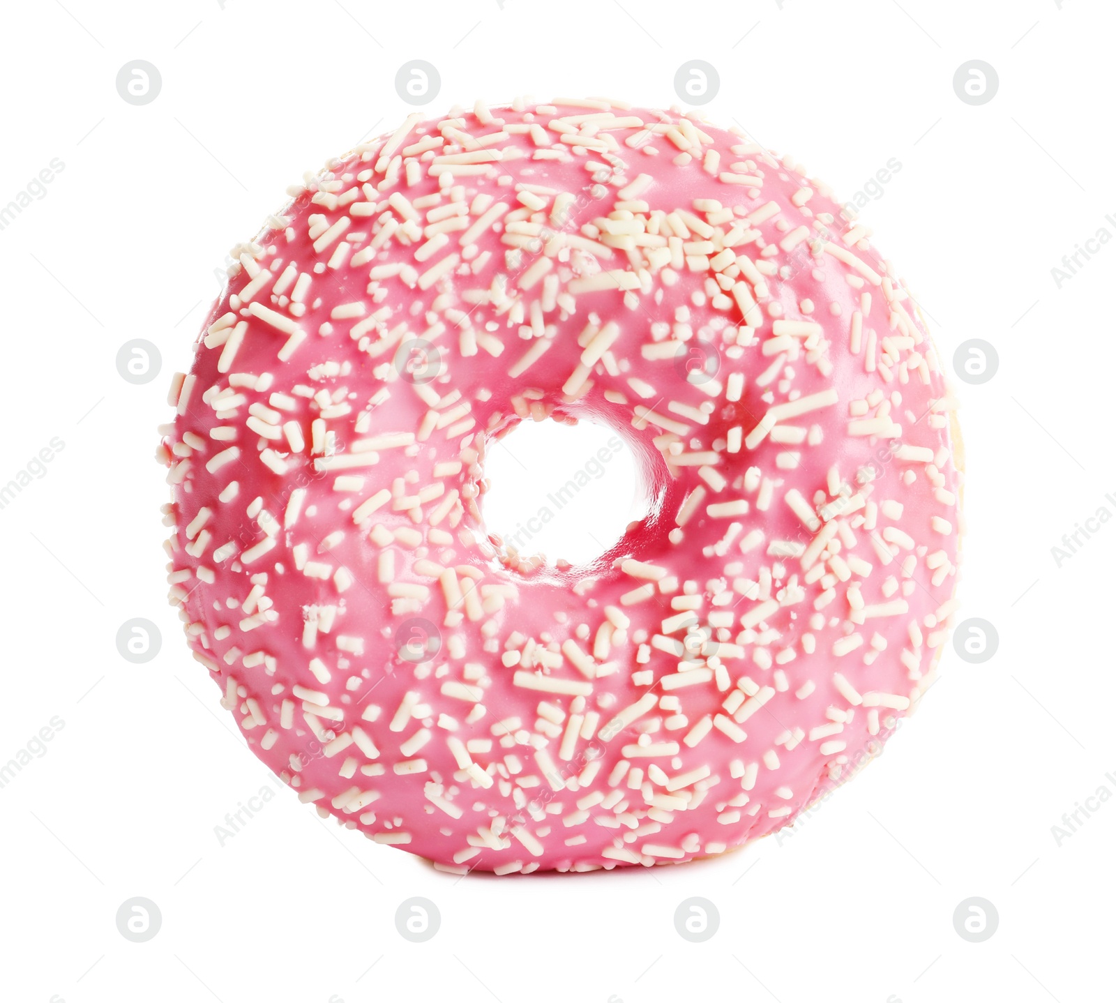 Photo of Delicious glazed doughnut with sprinkles on white background