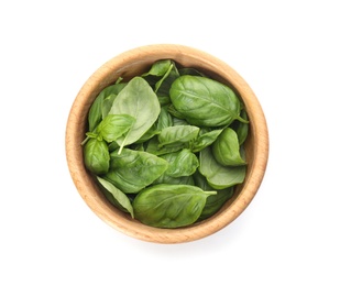 Photo of Bowl of fresh green basil leaves on white background, top view