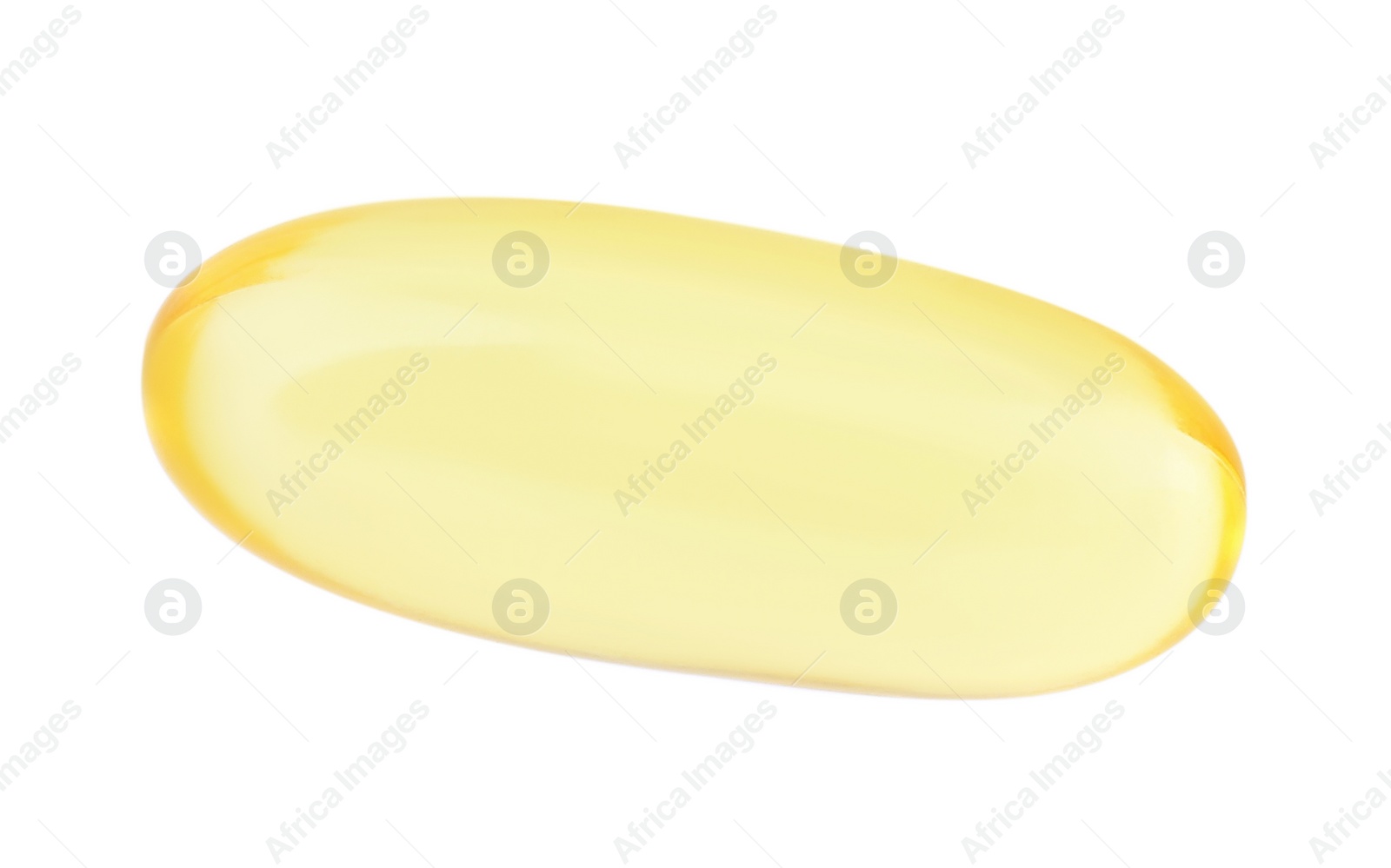 Photo of One yellow vitamin capsule isolated on white, top view