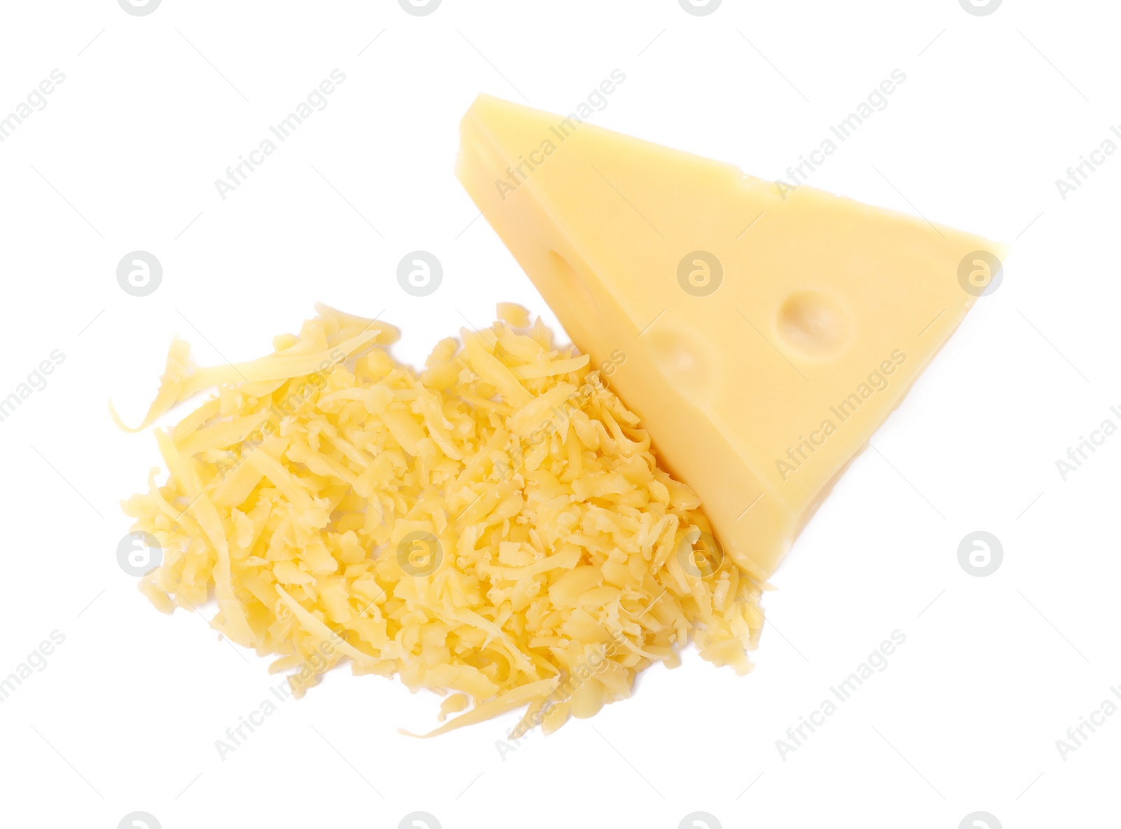 Photo of Grated and whole piece of cheese isolated on white, top view