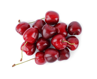 Photo of Tasty ripe red cherries isolated on white, top view