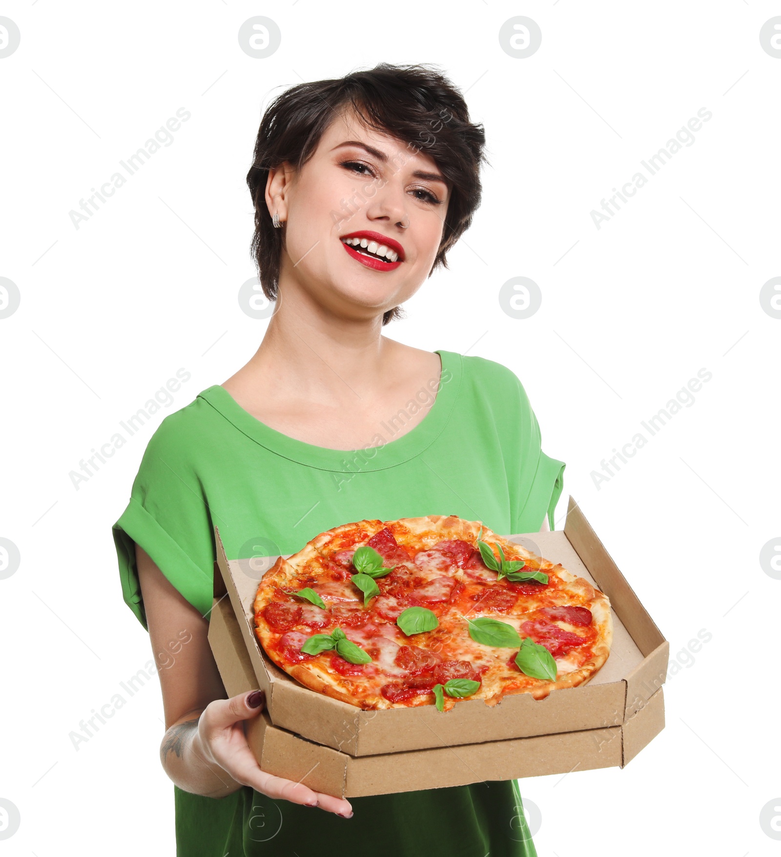 Photo of Attractive young woman with delicious pizza on white background