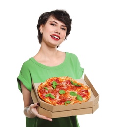 Attractive young woman with delicious pizza on white background