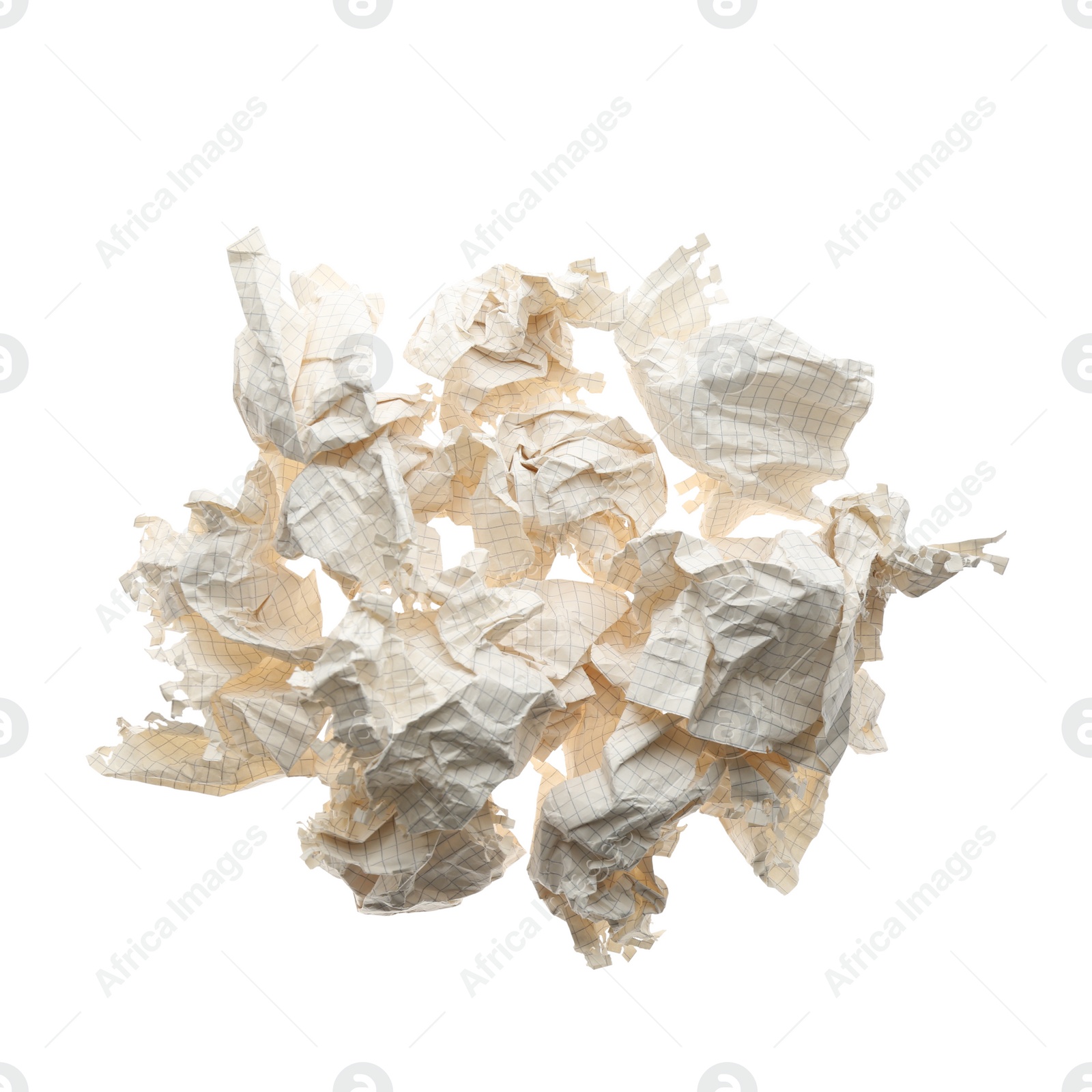 Photo of Crumpled sheets of notebook paper on white background, top view