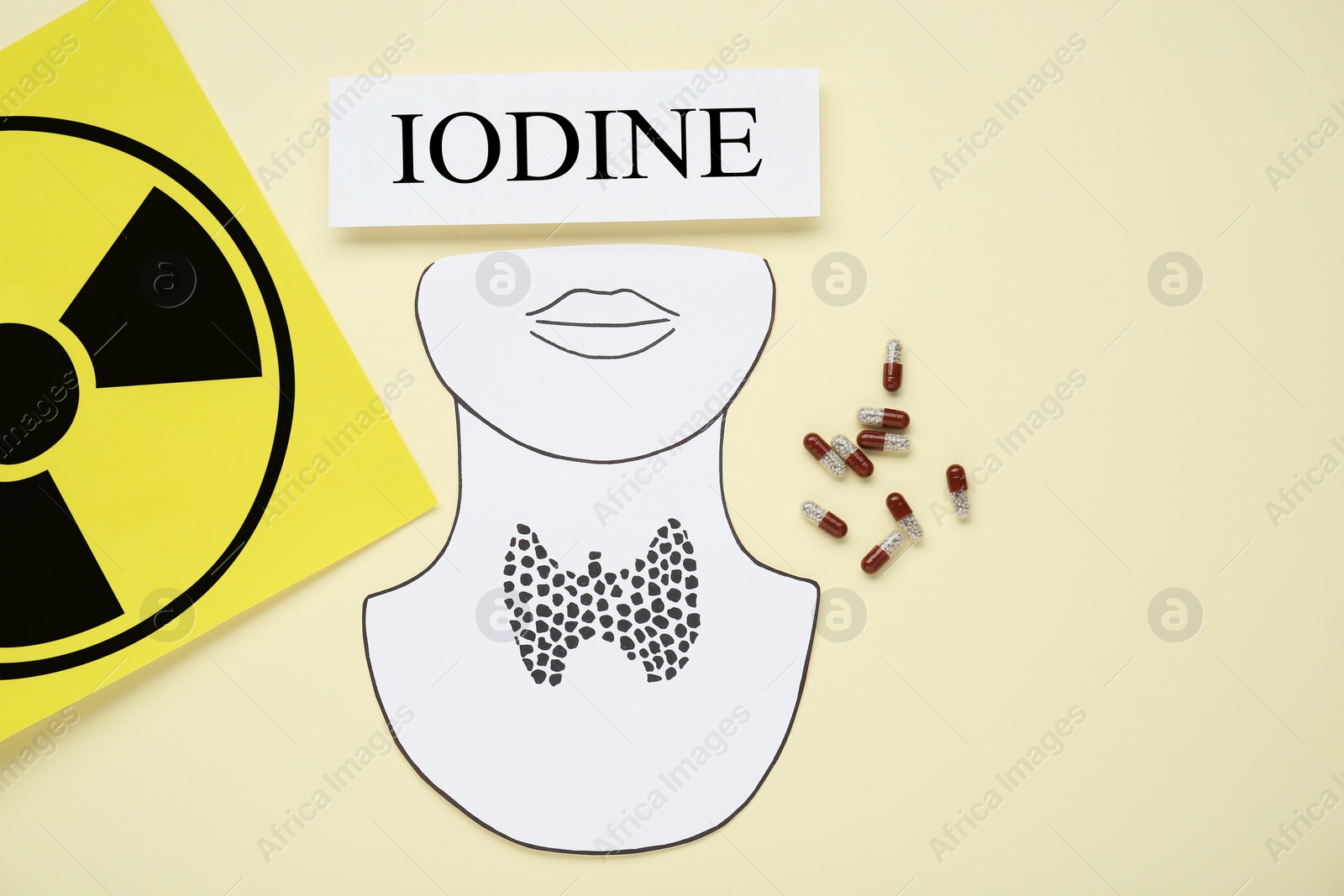 Photo of Paper note with word Iodine, radiation sign, cutout of thyroid gland and pills on beige background, flat lay. Space for text