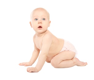 Photo of Cute little baby on white background. Crawling time